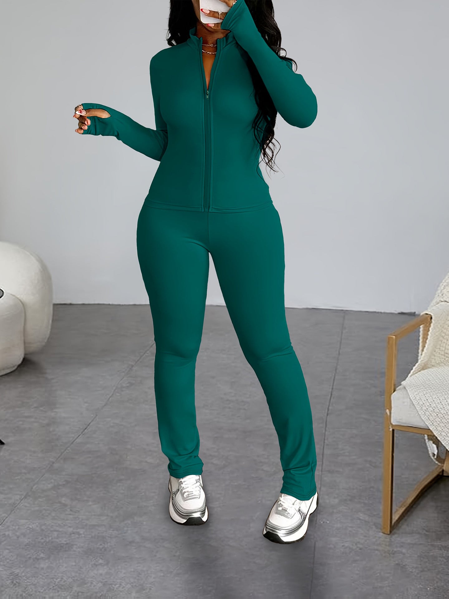 Spring/Fall Women's Casual Fitted Zip-Up Jacket & Pants Set