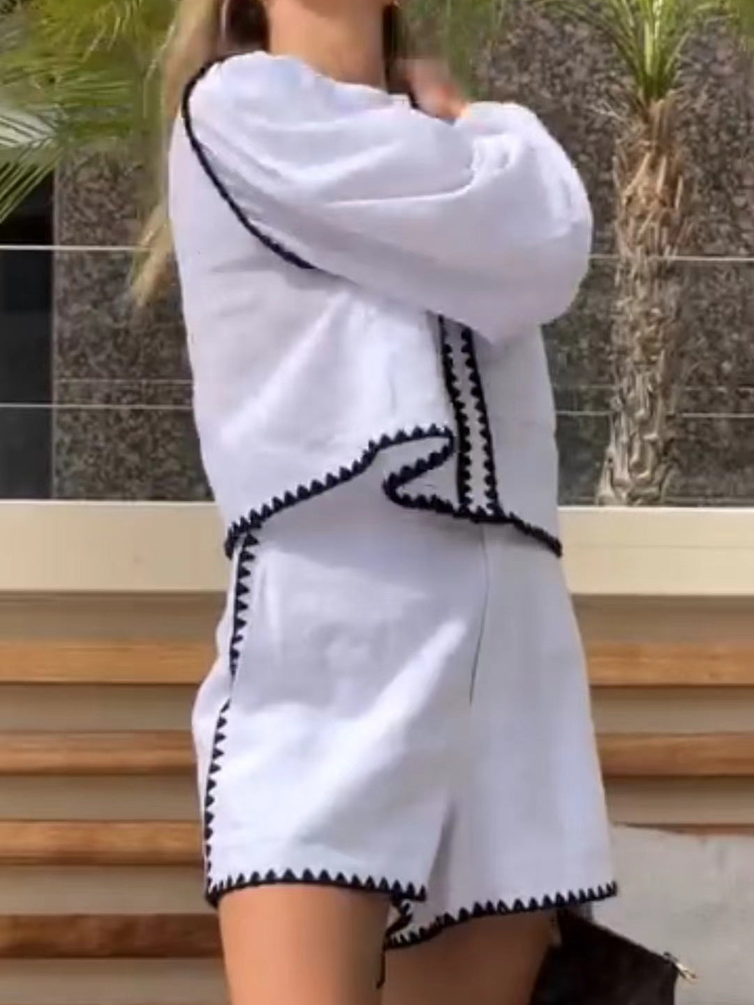 Women Round Neck Long Sleeve Top And Shorts Two-piece Set 3