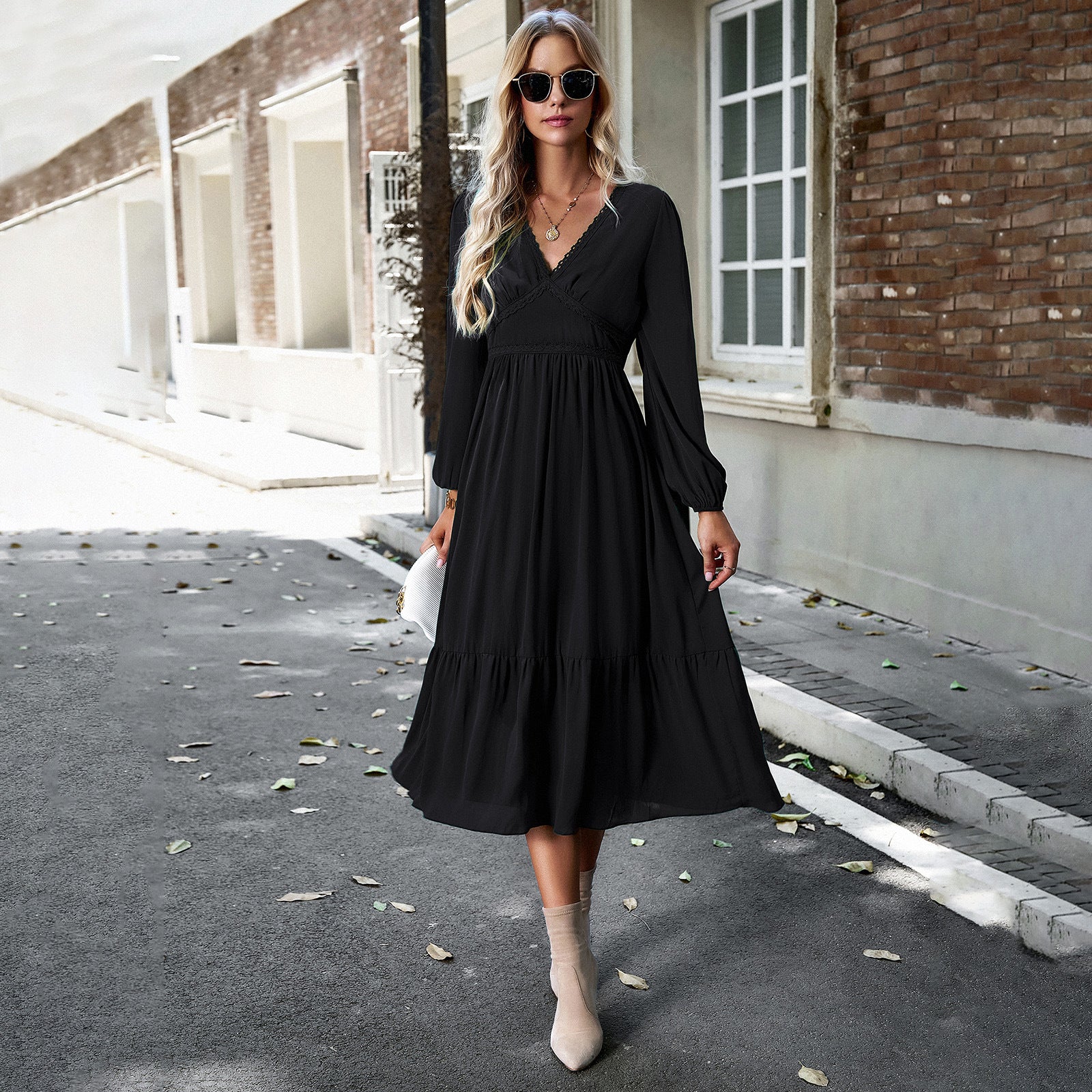 Women Elegant Solid V-Neck Long Sleeve Dress 4