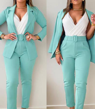 Women Printed Casual Blazer and Pant Two-Piece Set with Belt 5