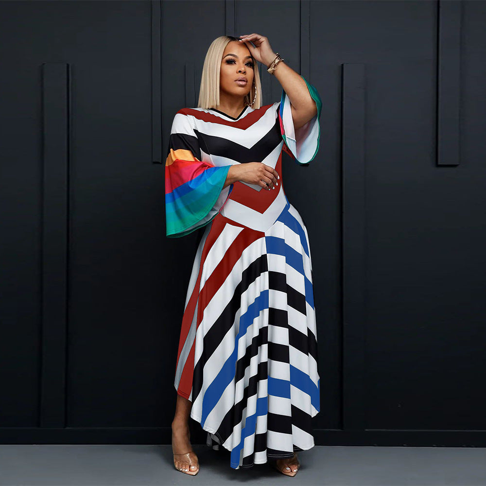 Women's Fashion V Neck Bell Bottom Sleeves Contrast Color Maxi Dress Slim Waist Dress 4