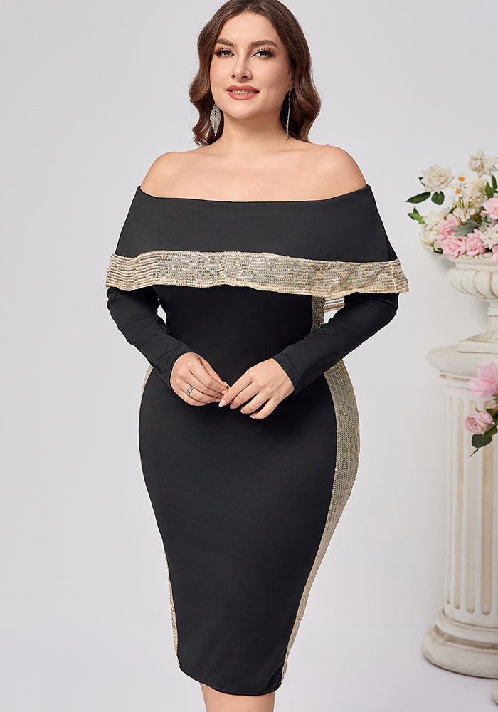 Plus Size Women Off Shoulder Long Sleeve Sequin Sexy Dress