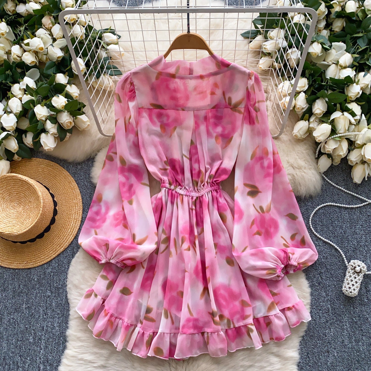 Holidays Style Women's Lace Up Slim Waist V neck Lantern Sleeve Ruffled Floral Short Dress 3