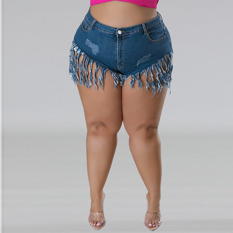 Plus Size Women's Denim Fringed Shorts