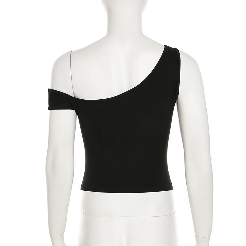 Women American asymmetrical off-shoulder metal button streamer Tank Top 9