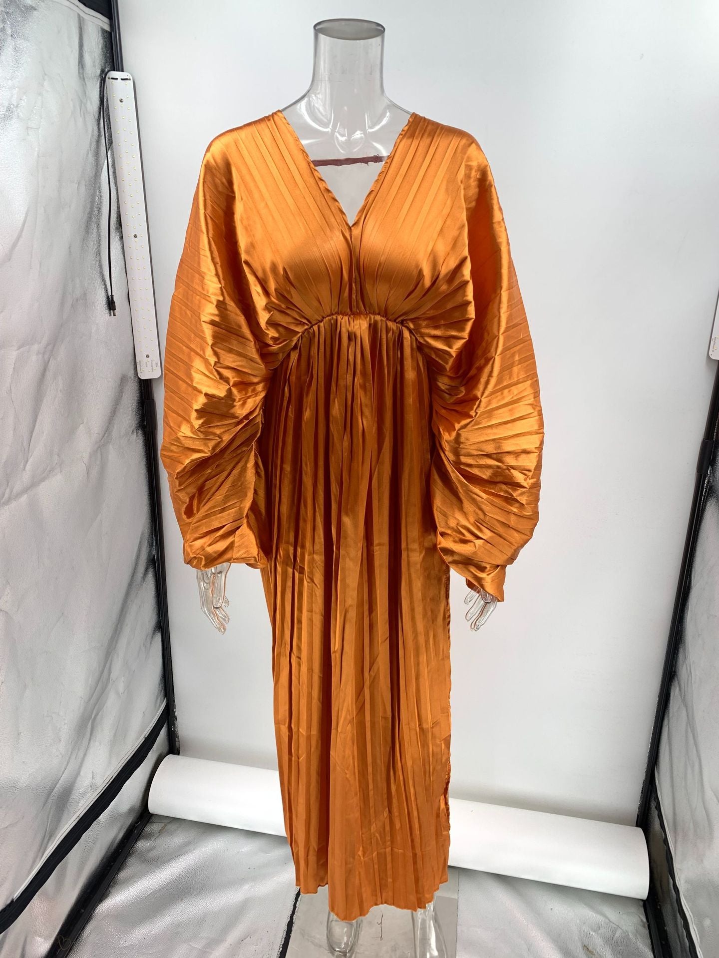 Autumn Sexy Plus Size Solid Color Pleated Elastic Waist Dress 9