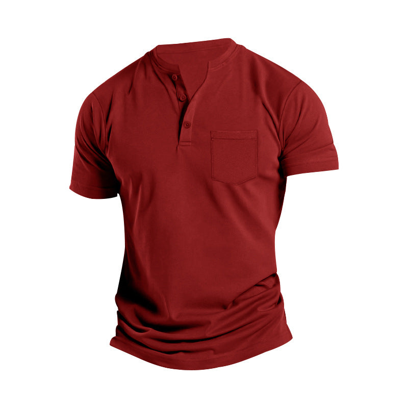 Men's Solid Button Stand Collar Short Sleeve T-shirt 17