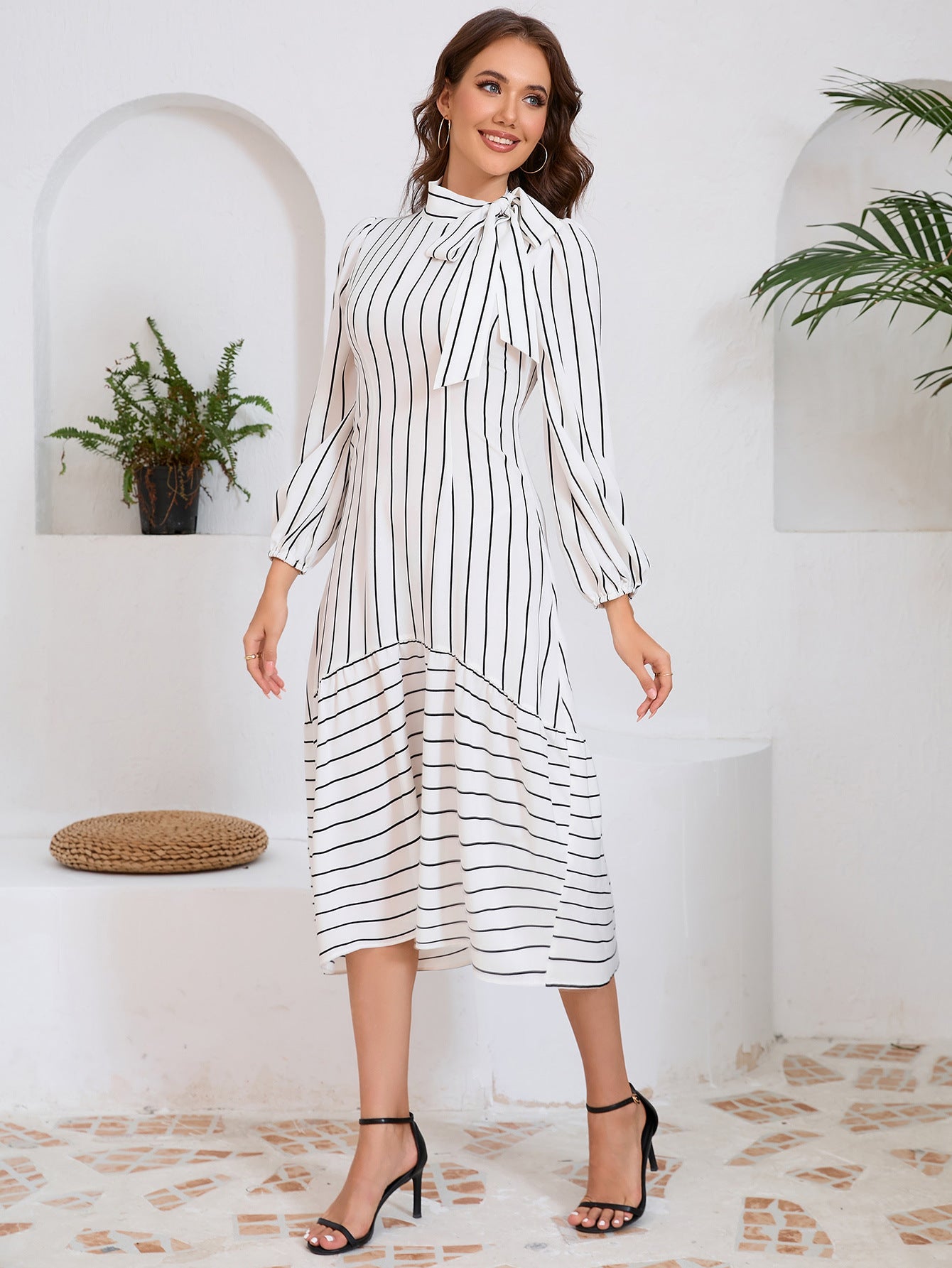 Women's fashion Stand Collar striped professional dress 8