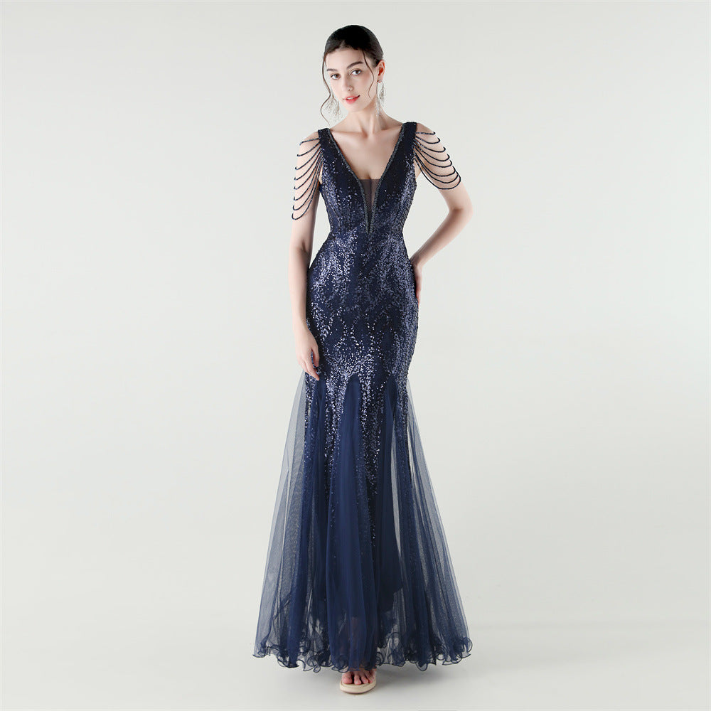 V-Neck Off-Shoulder Mesh Swing Luxury Slim Sequined Evening Dress 8