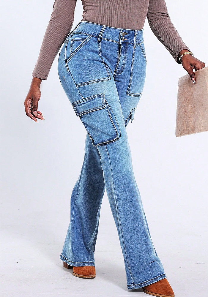 Women Washed Pocket Cargo Denim Pants