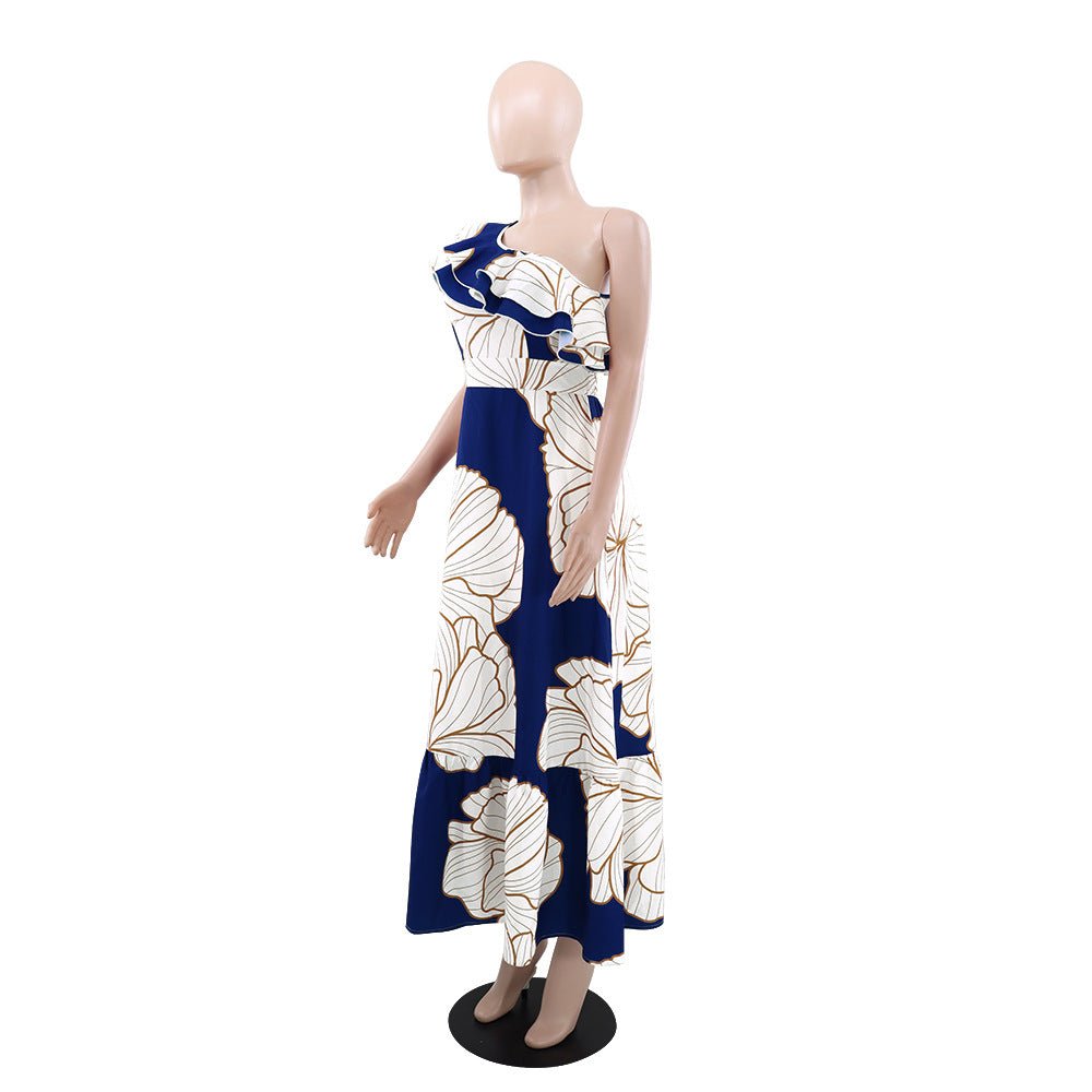 Ruffle Slash Shoulder Low Back High Slim Waist Women's Long Dress 5