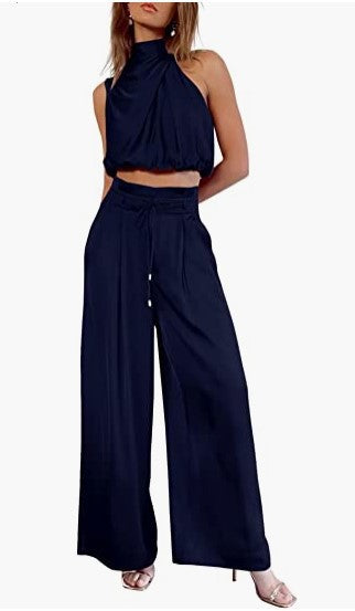 Women Summer Casual Sleeveless Crop Top Wide-leg Pants Two Piece Set 7