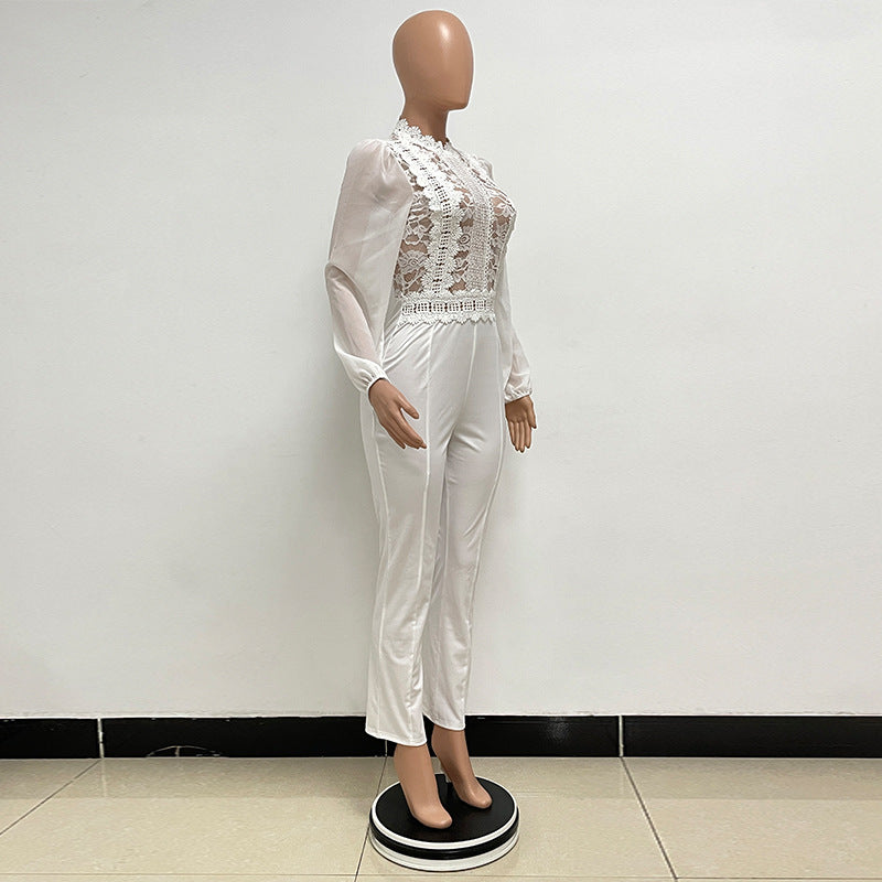 Women's High Waist High Collar Lace Long Sleeve Straight Leg Jumpsuit For Women 9