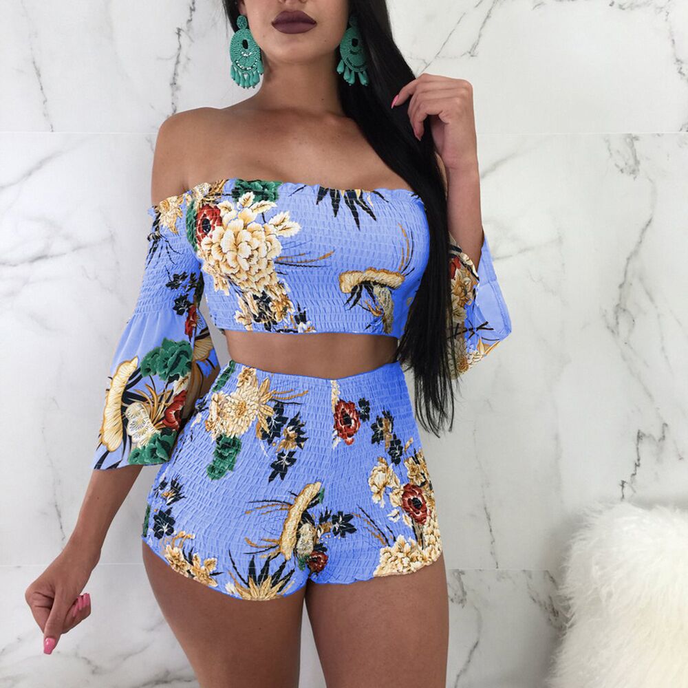 Women's Fashion Print Off Shoulder Bell Bottom Sleeve Two-Piece Set 3