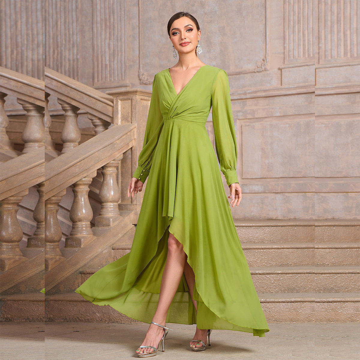 Women Solid V-neck irregular hem long-sleeved dress 4