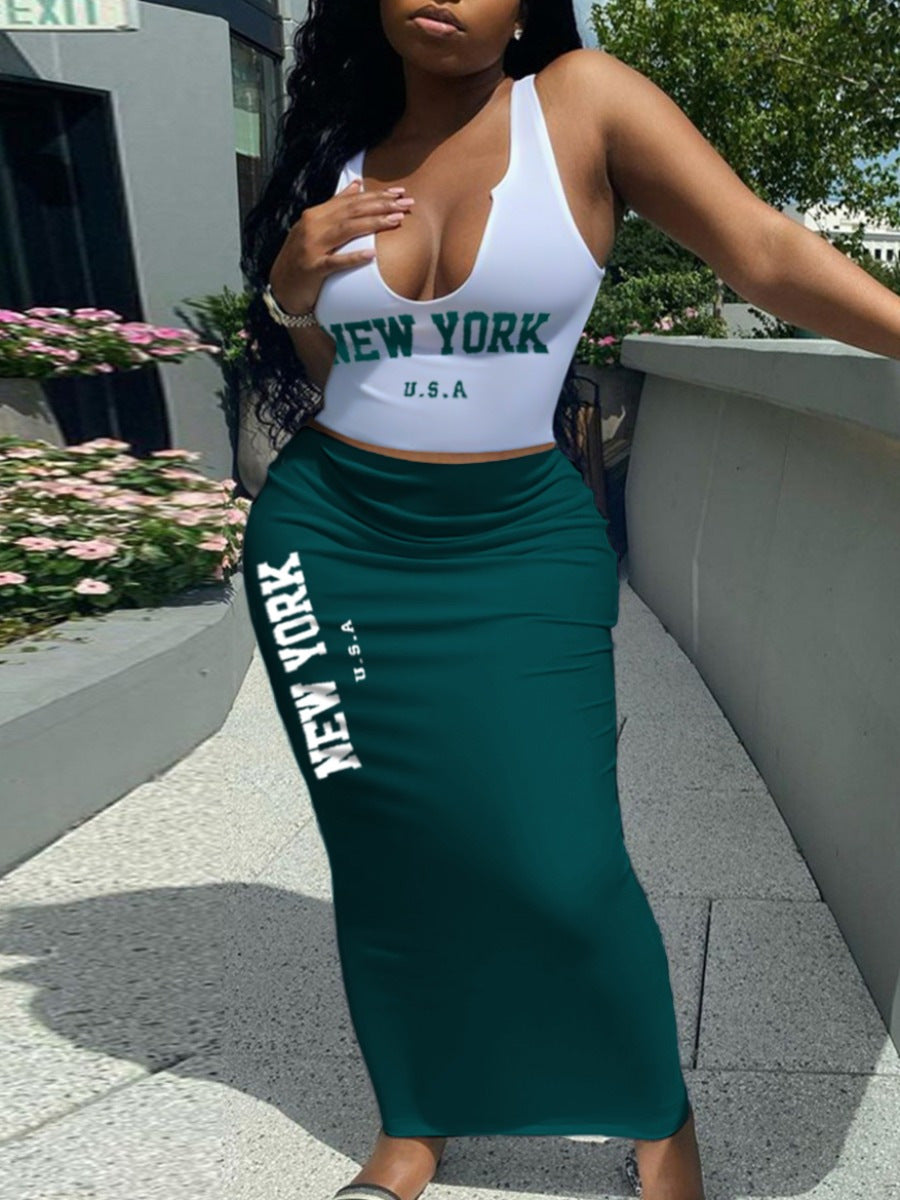 Summer printed vest long skirt 2-piece set