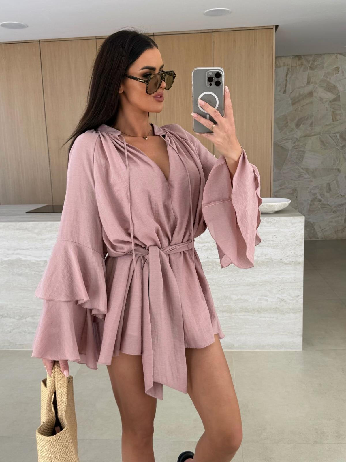 Women Spring Solid V neck irregular lace long sleeve dress 7