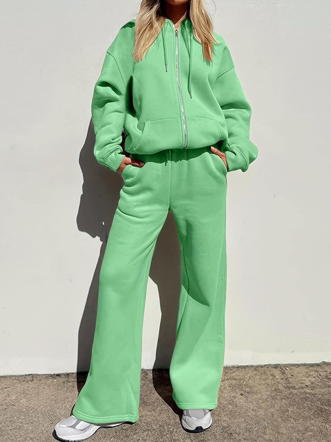 Women Casual Solid Hooded Top and Pant Two Piece Set 4