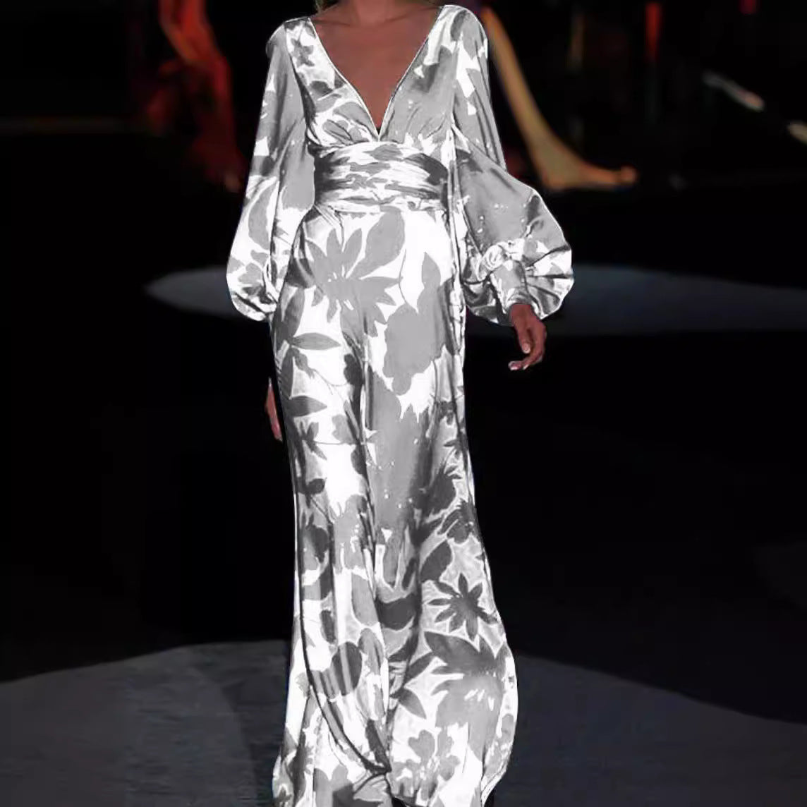 Spring Summer Women's Fashionable Printed Sexy V-Neck Slim Waist Loose Long Dress 9