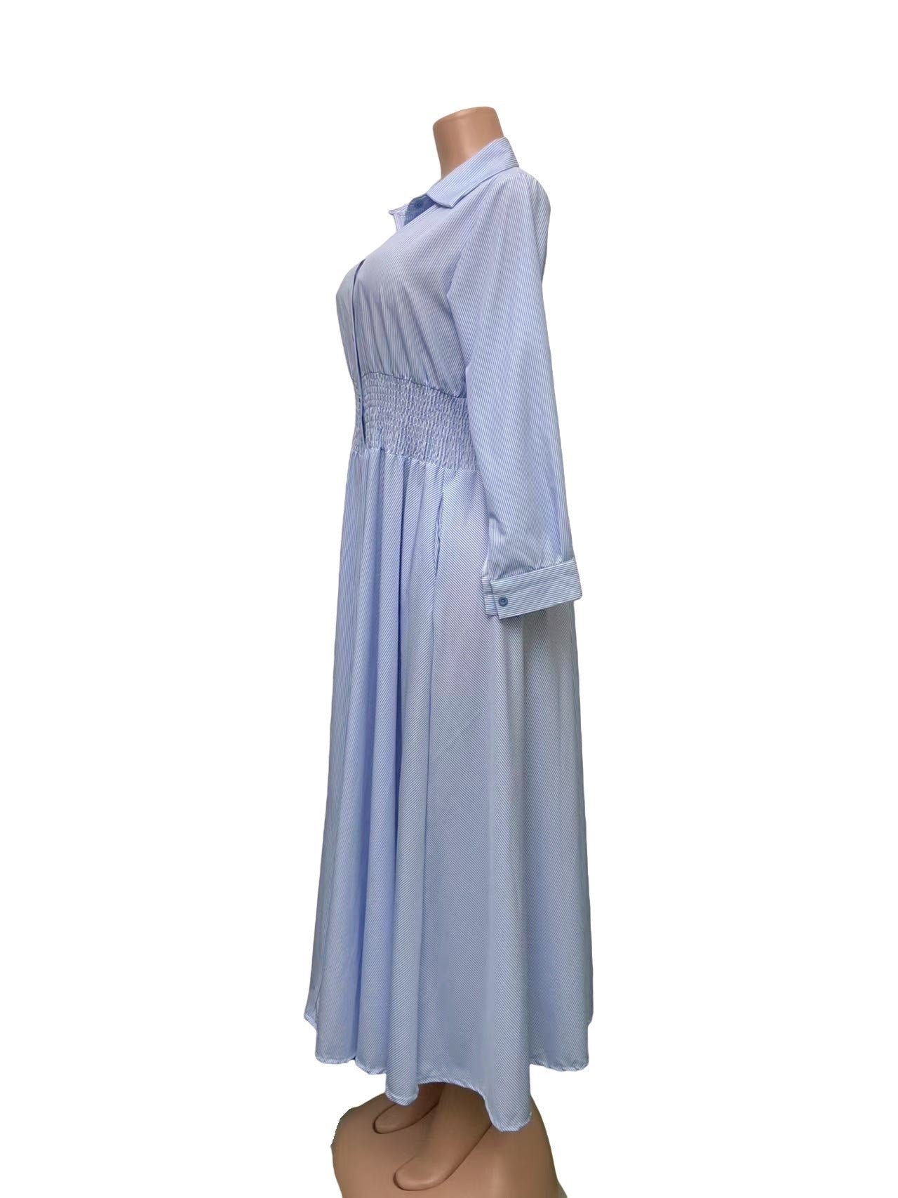 Striped Turndown Collar Long-Sleeve Button Slim Waist A-Line Gown 11
