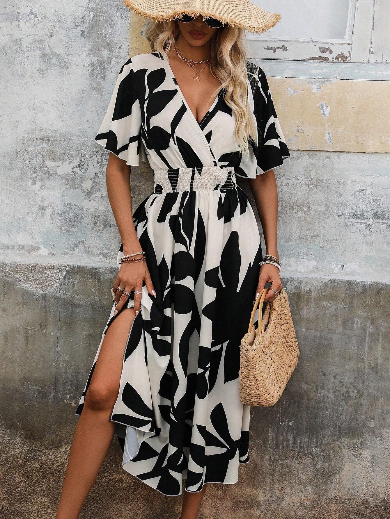 Elegant Floral Slit Dress V-Neck Belted Summer Dress 3