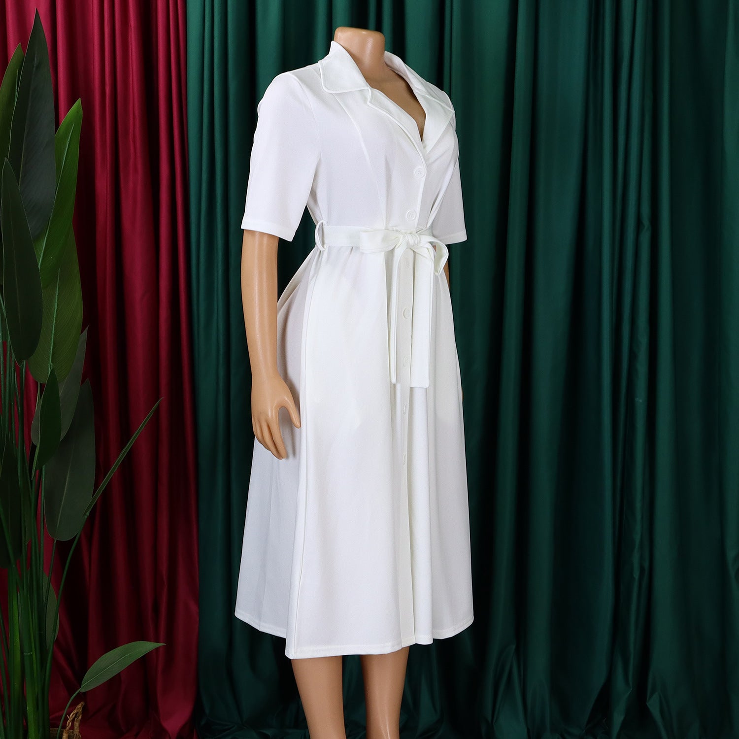 Plus Size Women Summer Short Sleeve Turndown Collar Lace-Up Solid African Dress 20