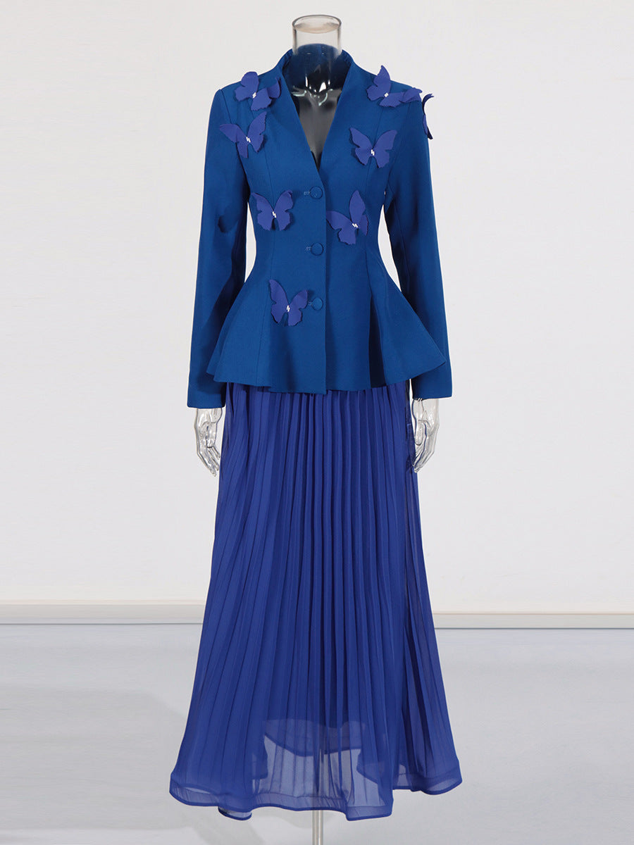Women Elegant Butterfly Blazer Jacket + Pleated Skirt Two-piece Set 8