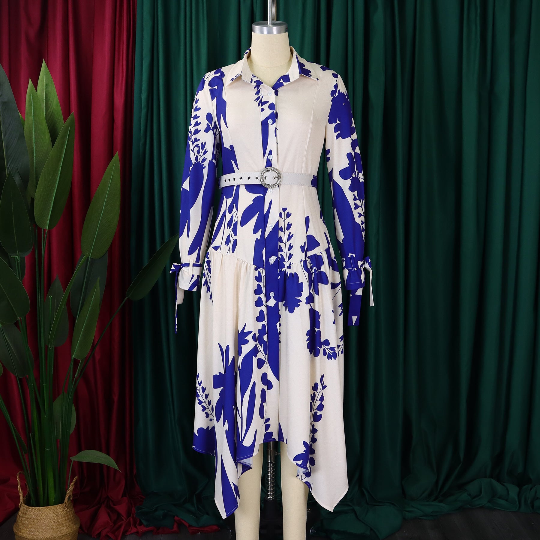 Plus Size Women Irregular Print Turndown Collar Dress 6