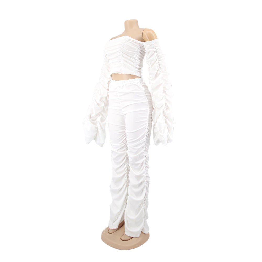 Women Long Sleeve Solid Pleated Off Shoulder Sexy Top and Pant Two-piece Set 14