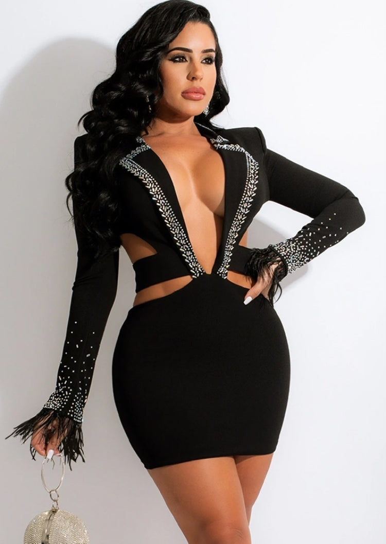 Spring Sexy Black Turndown Collar Cut Out Rhinestone Party Bodycon Dress