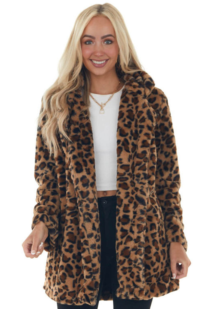 Autumn Winter Leopard Print Women'S Fashion Chic Faux Fur Loose Jacket With Pockets