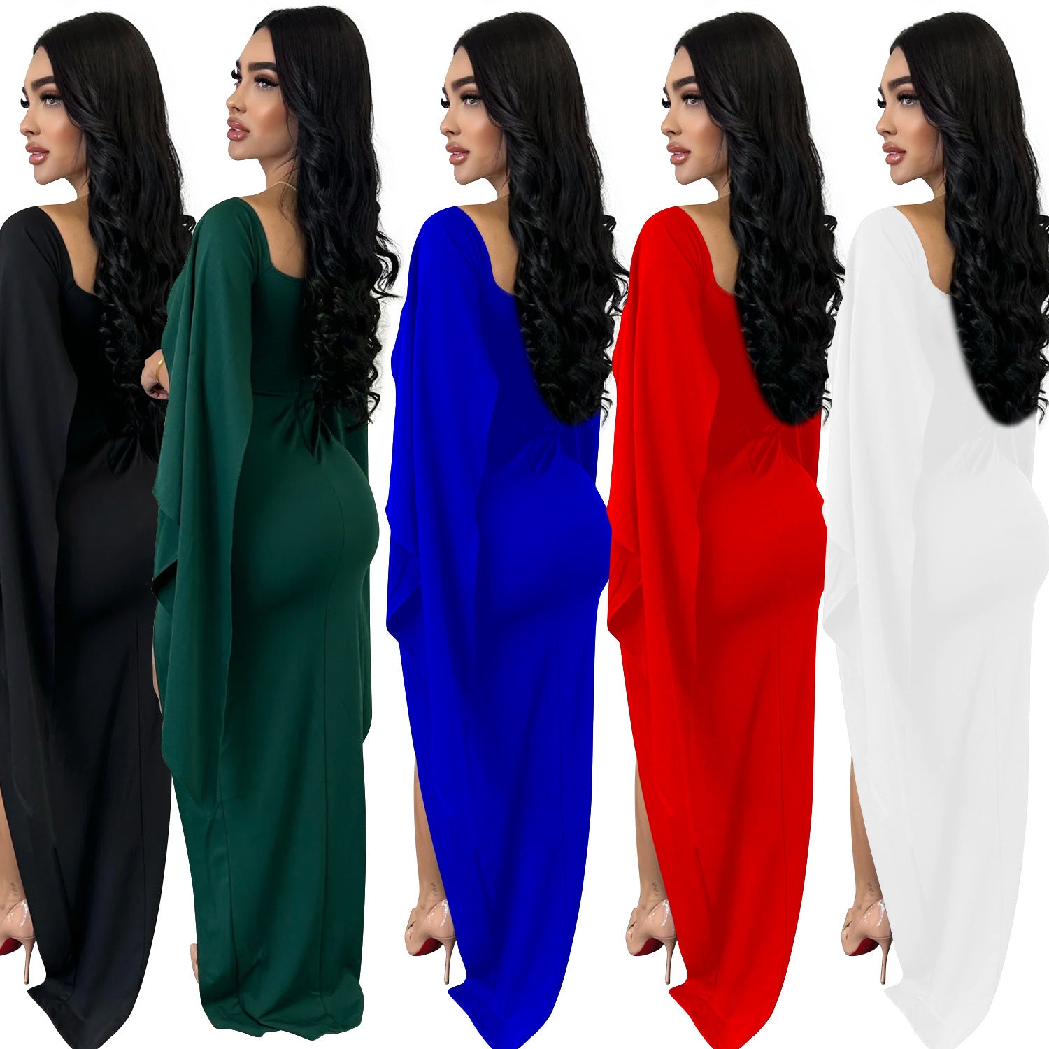 Fashion Women's Solid Color Long Sleeve Slit Pleated Maxi Dress 10