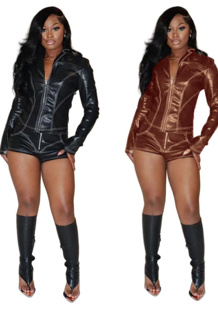 Long Sleeve Pu Leather Zipper Top Shorts Casual Two Piece Set