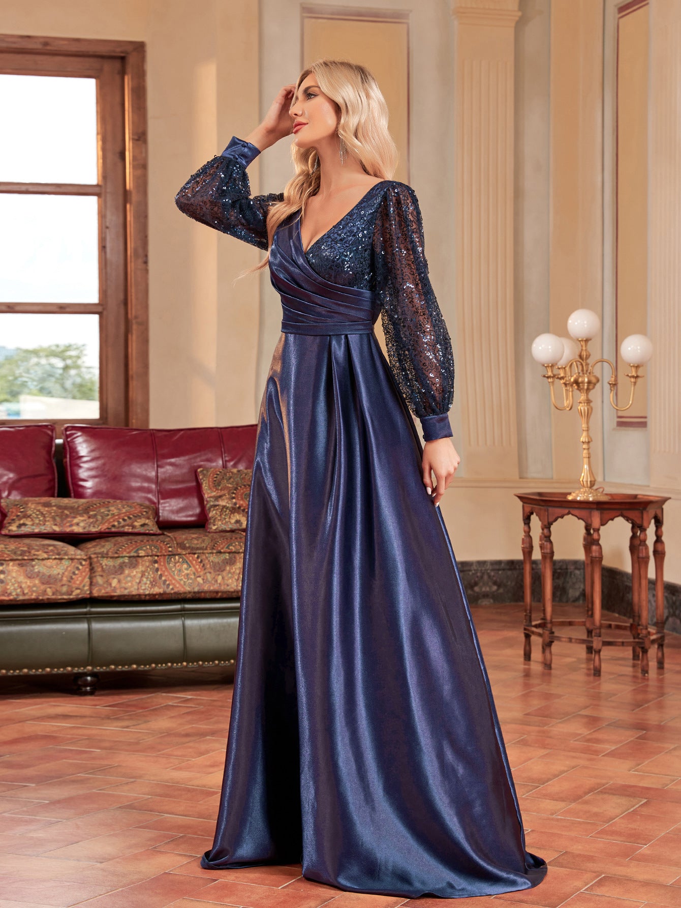 Women Silk V-neck long-sleeved fishtail sequined Formal Party evening dress 10