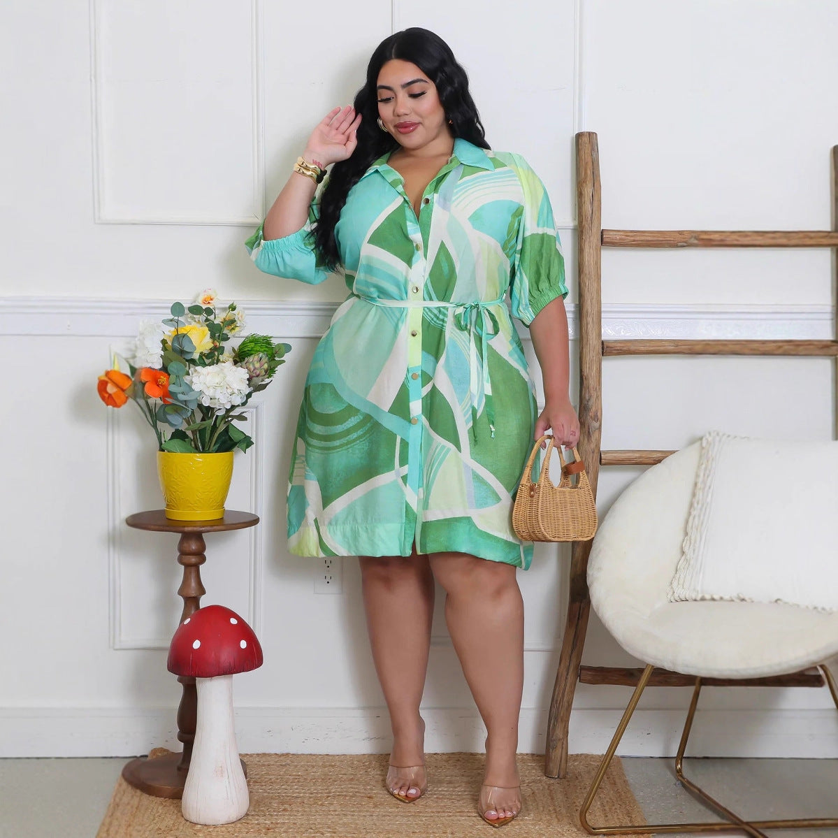 Women's Trendy Print Half-Sleeve Turndown Collar Plus Size Shirt Dress 4