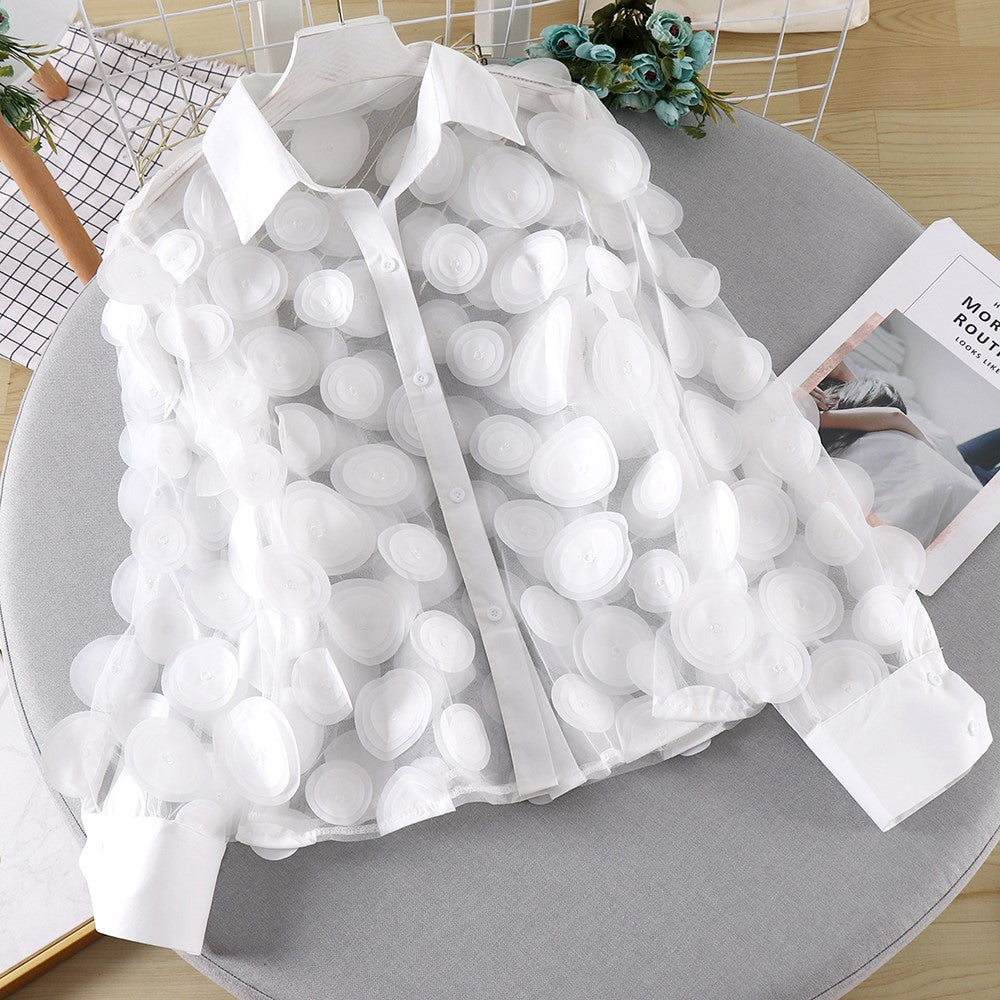 French Palace Style Flower Stage Dress Ladies Chiffon Shirt Hollow Lantern Sleeve Trendy Mesh Shirt Women 11