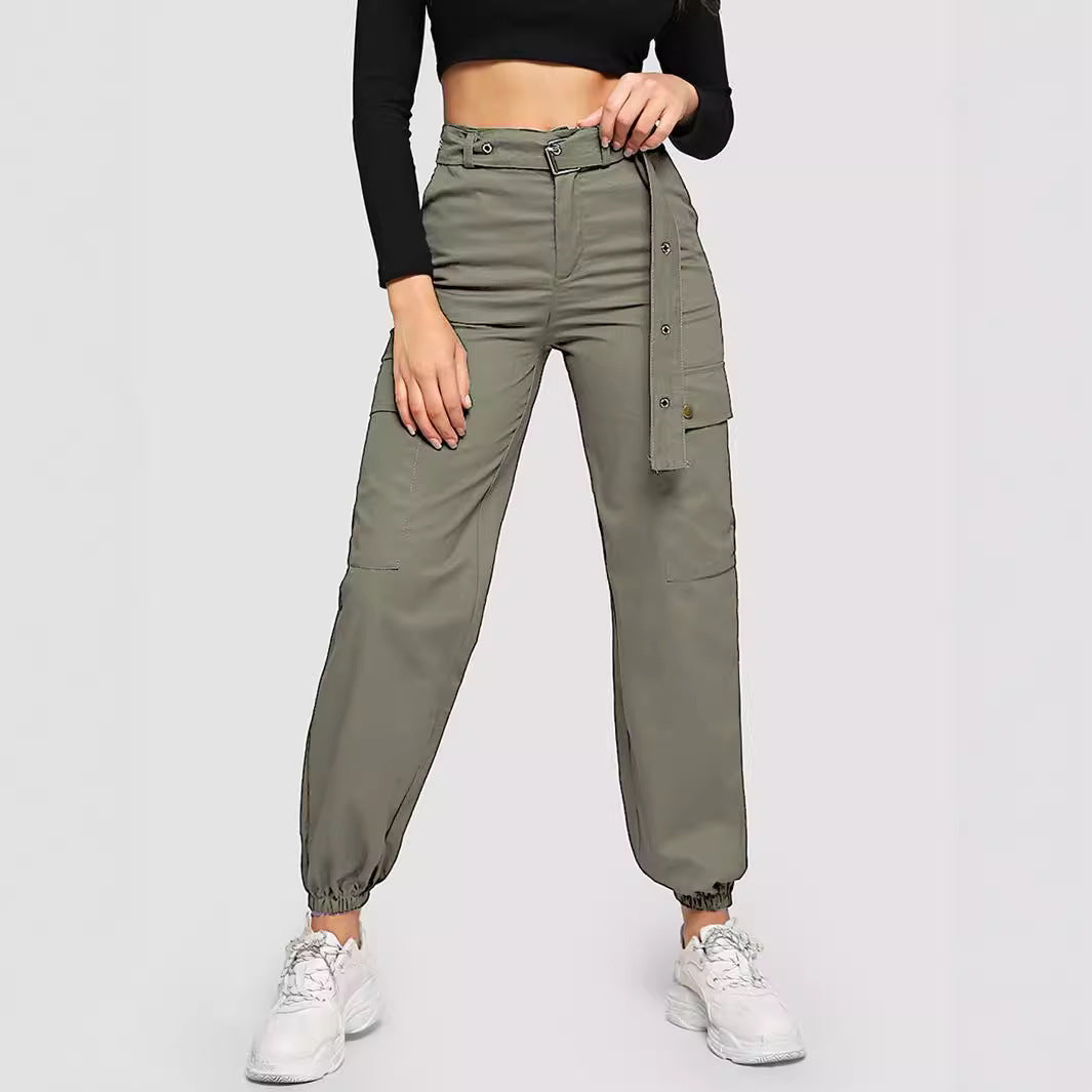 Women Solid Casual Cargo Pants with Belt