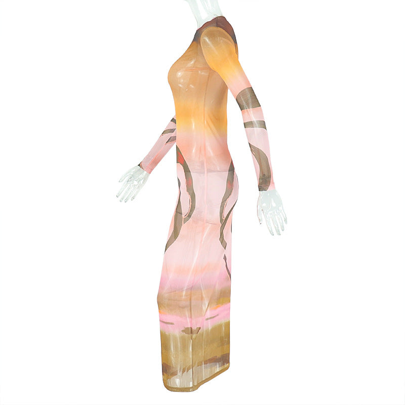 Fashion women's print round neck long sleeve micro-transparent bodycon dress 7