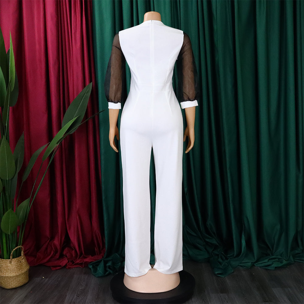 Women'S Summer Short Sleeve Puff Sleeve Beaded Sexy Wide Leg Slim Waist Plus Size Jumpsuit 18