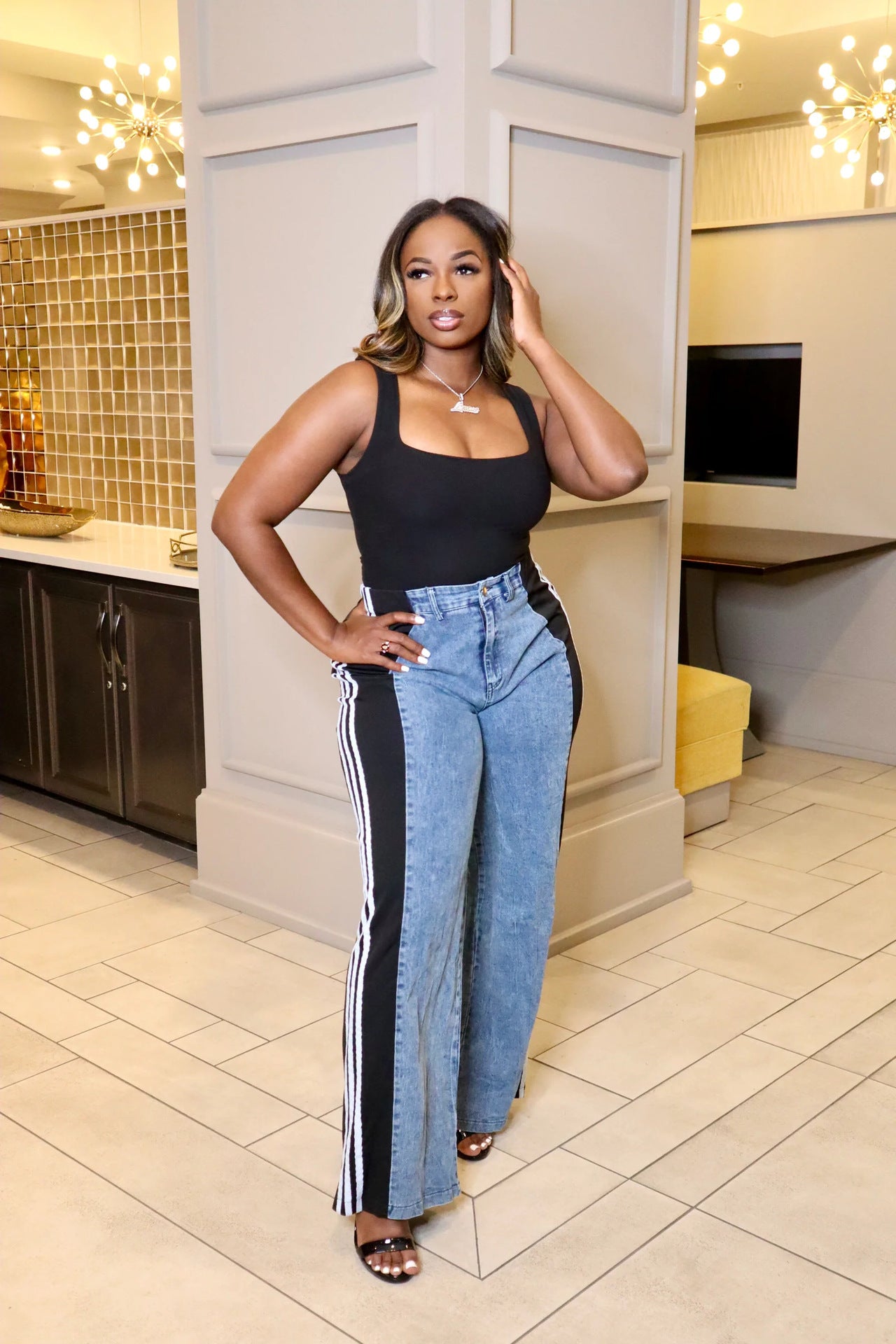 Summer fashion patchwork striped wide leg casual straight pants denim trousers