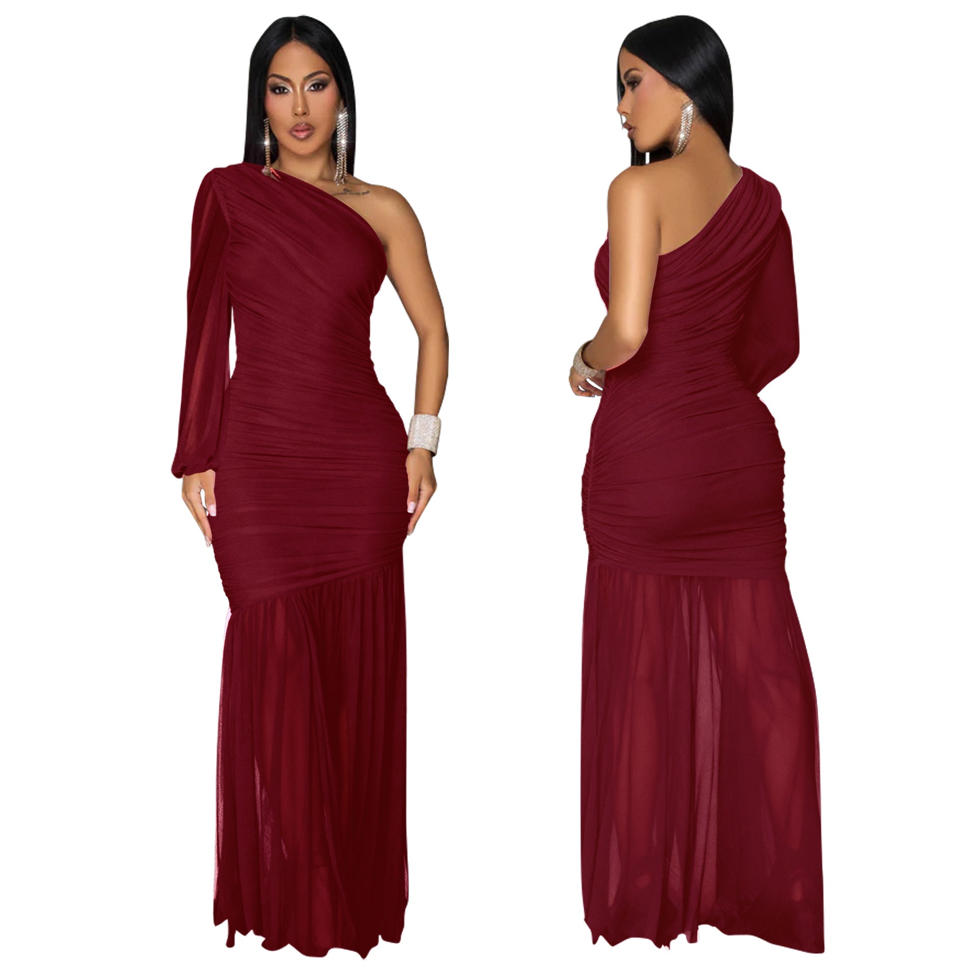 Women's Autumn Solid One-Shoulder Slash Shoulder Pleated Mesh Long Dress 3