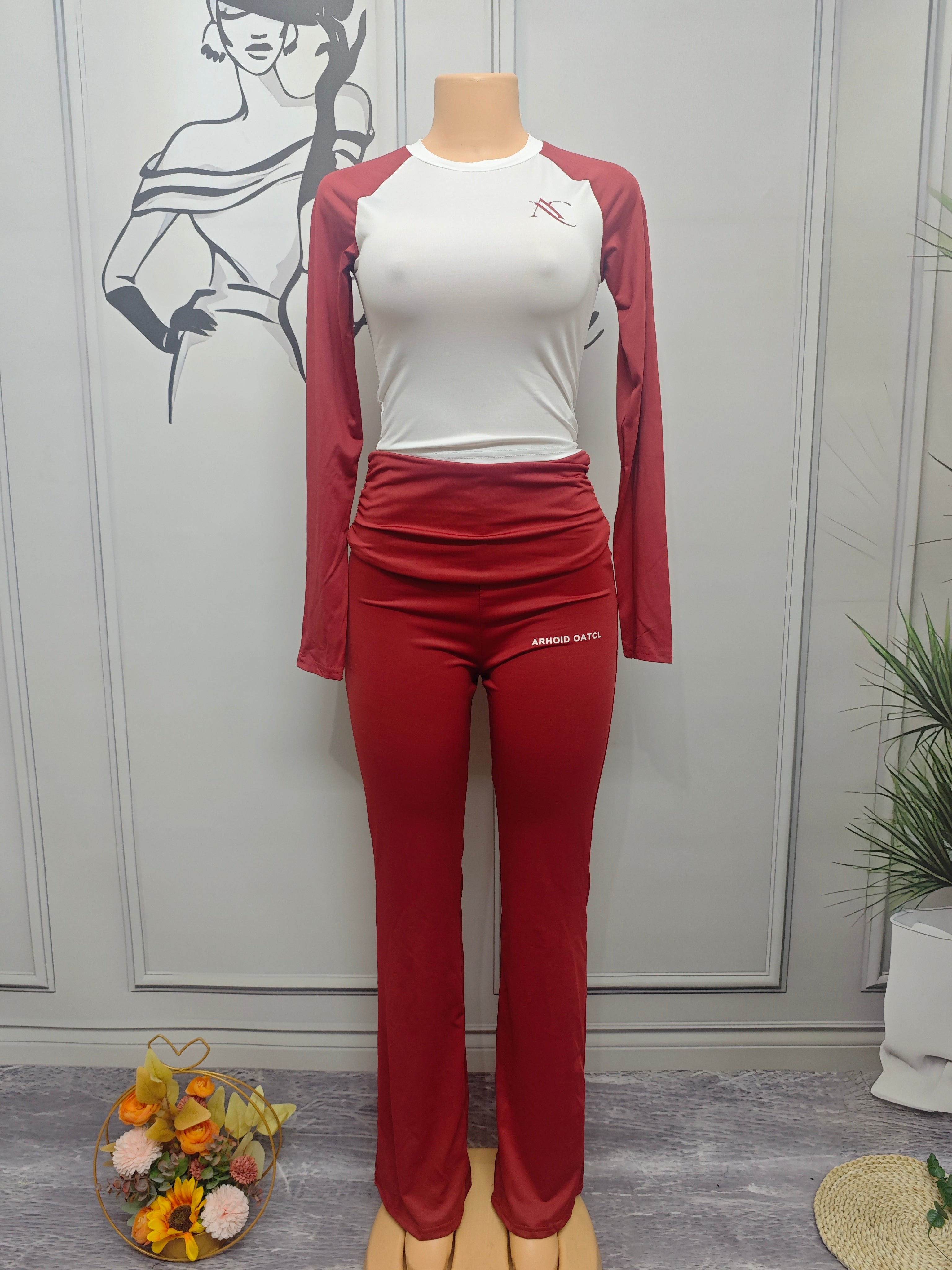 Women's Autumn Contrast Color Round Neck Slim Long Sleeve Two Piece Pants Set 19