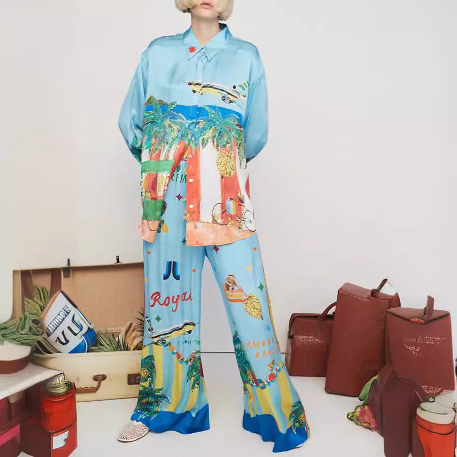 Women Casual long-sleeved printed pocket Top and Pants two-piece set 6