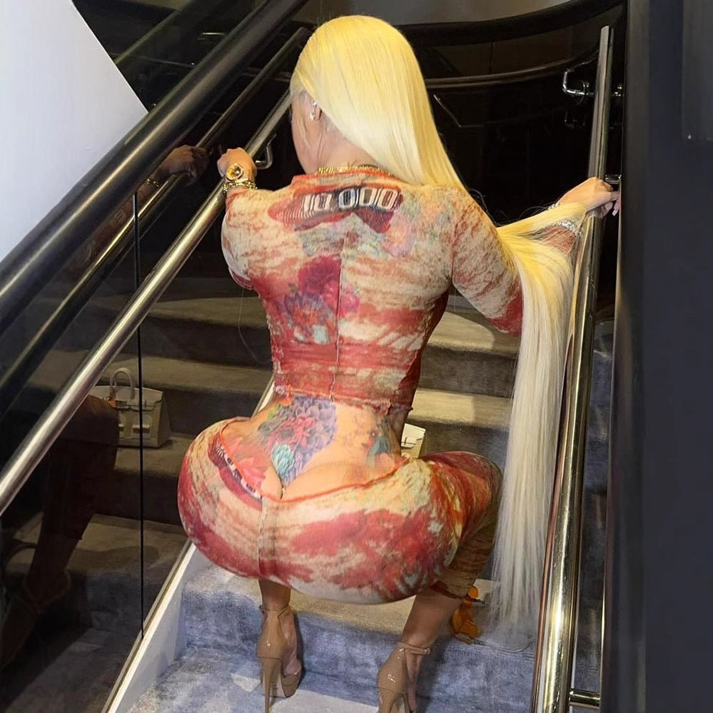 Women Spring Mesh Printed Round Neck Long Sleeve Top and Pants Two Piece Set 5