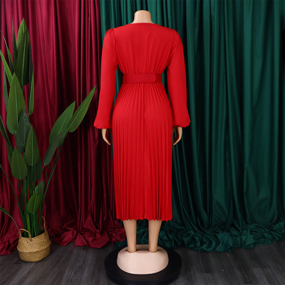 Plus Size Women Long Sleeve V-Neck Pleated Maxi Dress 20
