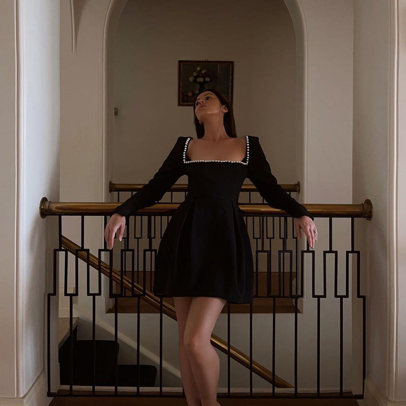 Women autumn Pearl Square Neck Bodycon Dress 9