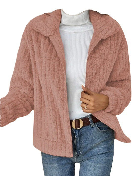 Women's Autumn and Winter Ribbed Plush Cardigan Turndown Collar Jacket 10