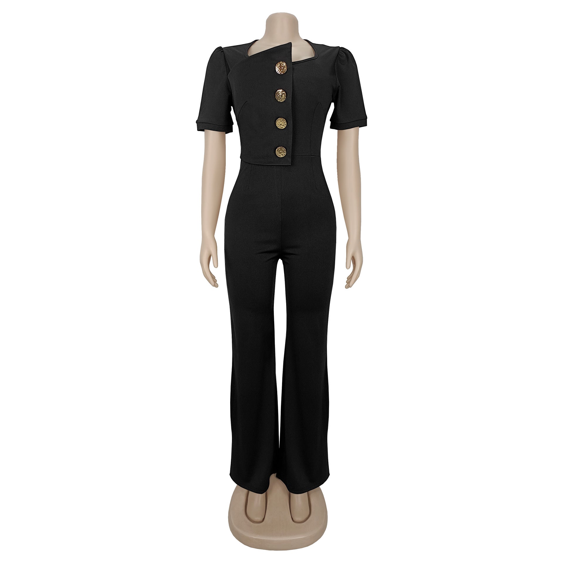 Fashion Women's Short-Sleeve Wide-Leg Button Jumpsuit 4