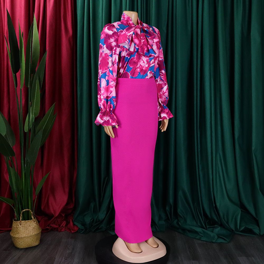 Women Printed Lace-Up Long Sleeve Shirt and Skirt Two-Piece Set 7