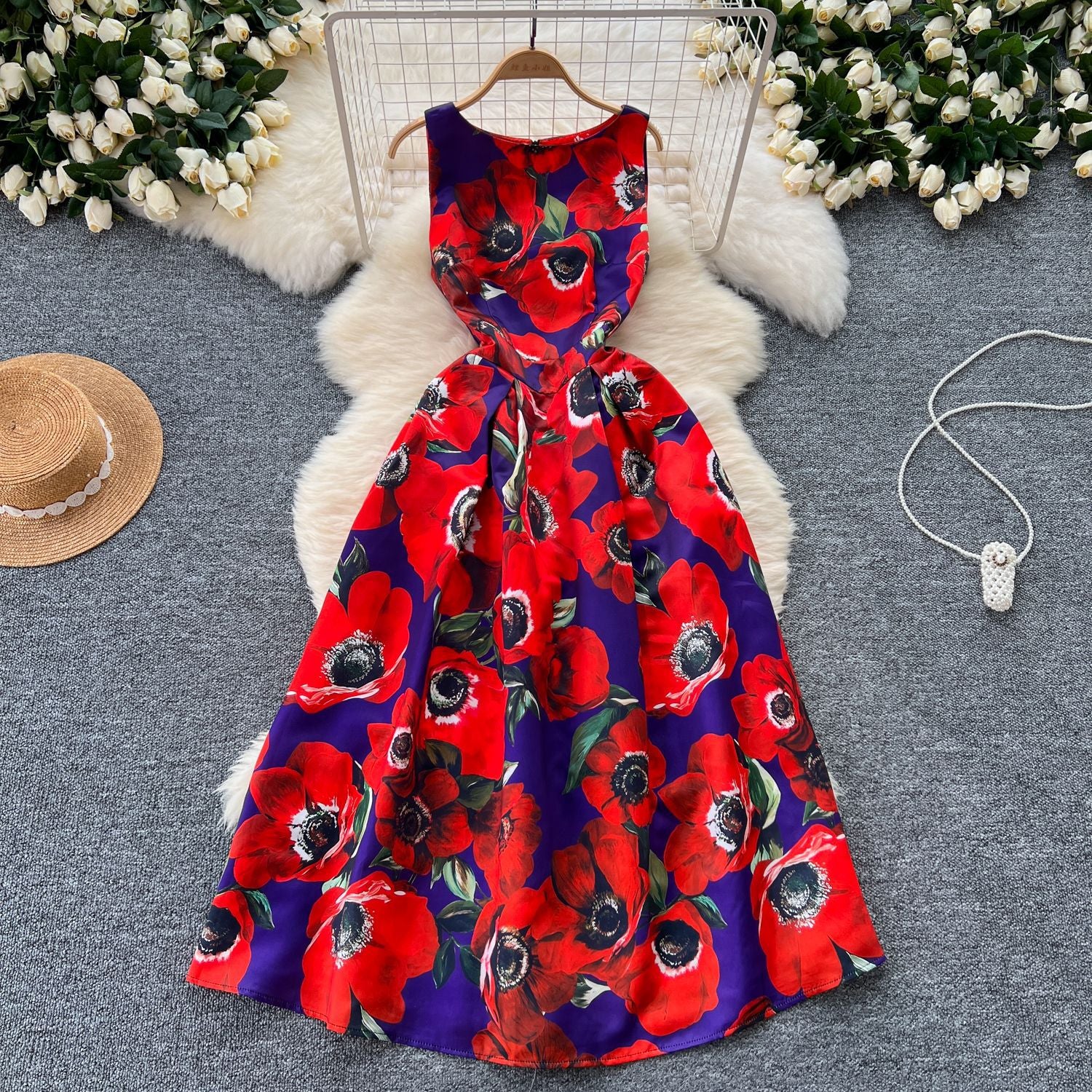 Fashion Printed Round Neck Slim Waist Pleated Flare Sleeveless Mini Dress 21